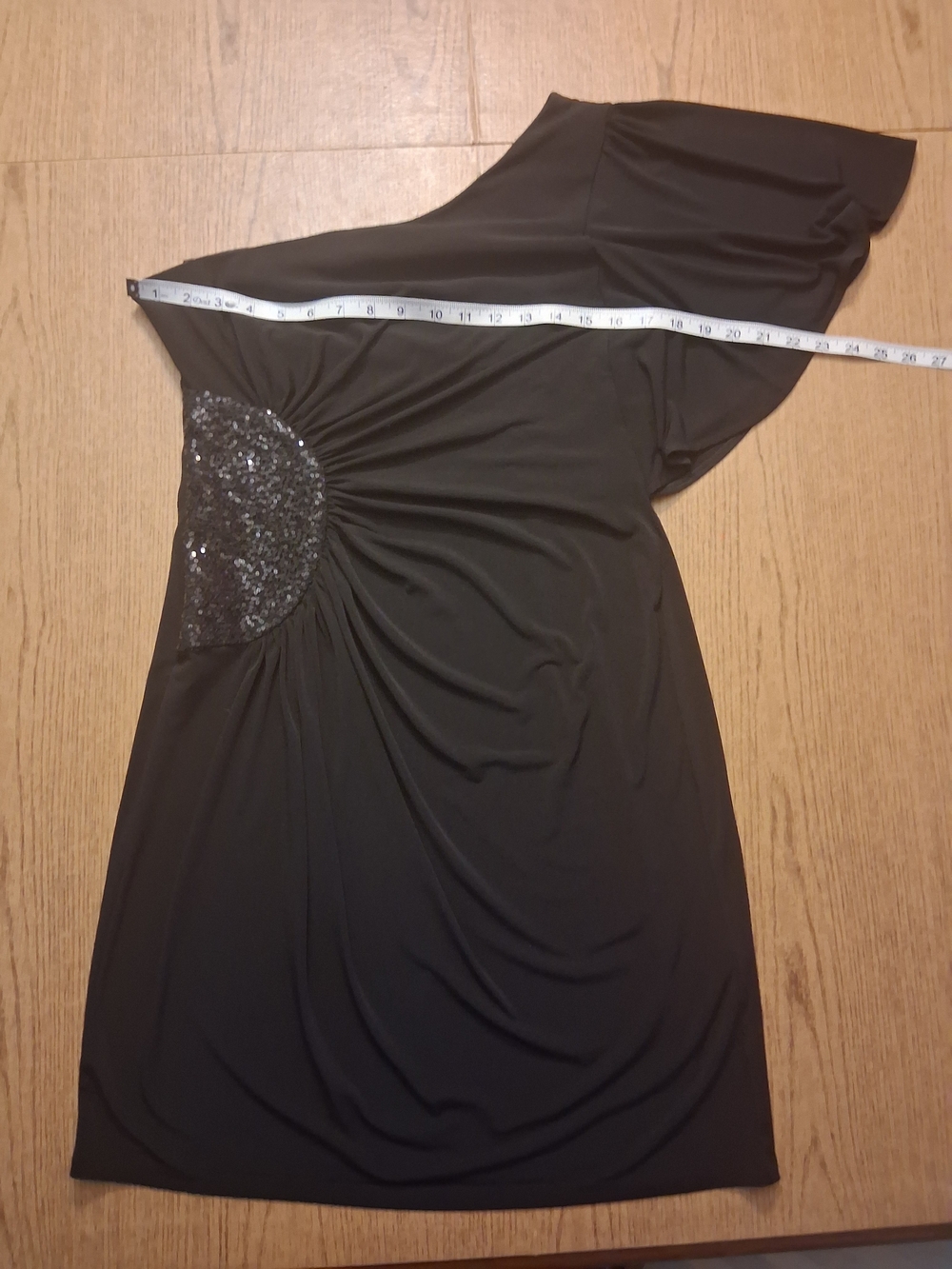 London Times Black One-Shoulder Ruched & Sequins Cocktail Dress         Size 14 - Picture 5 of 9